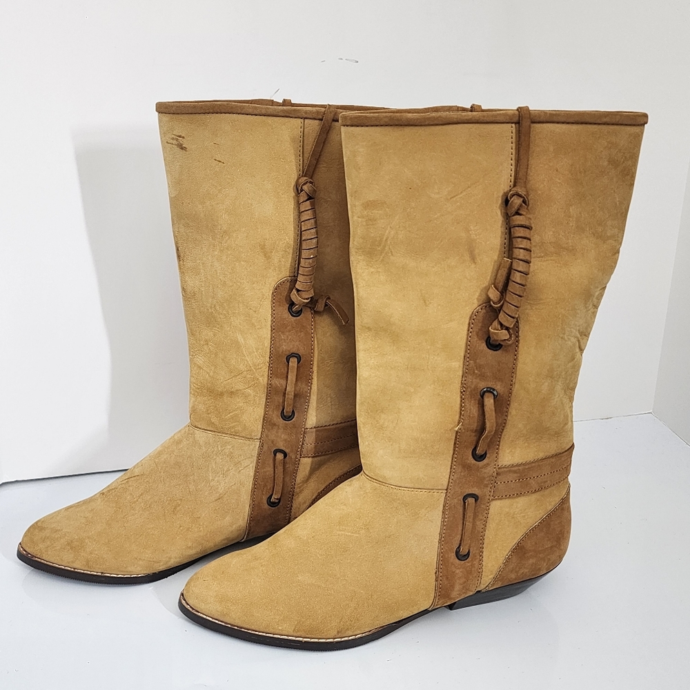 Vintage 80's Maine Woods Leather Boots Tan Low Heel Western DORADO RUN SMALL - Picture 13 of 16